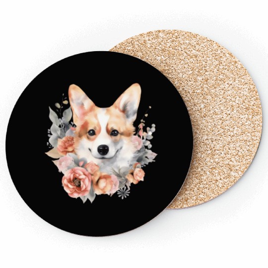 Corgi Dog Watercolor Floral Coasters