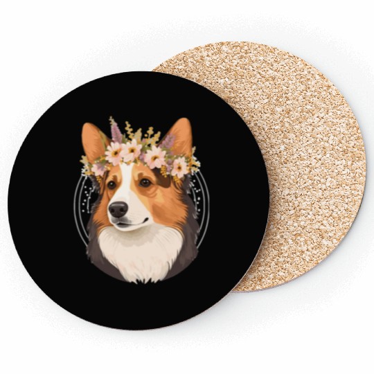 Cute Welsh Corgi Flower Crown Pet Dog Breed Floral Coasters
