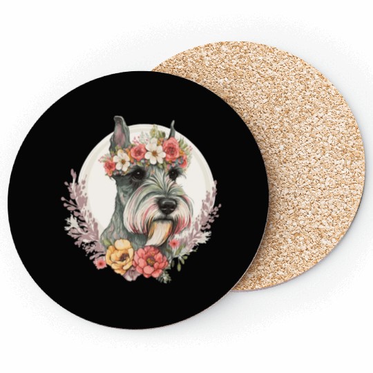 Cute Mini Schnauzer Flower Crown Pet Dog Breed Flo Coasters