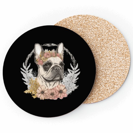 Cute French Bulldog Frenchie Flower Crown Pet Dog Coasters