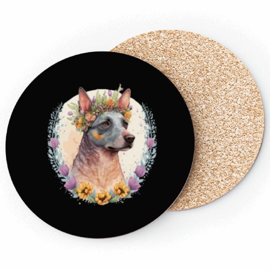 Cute Australian Cattle Dog Flower Crown Pet Dog Br Coasters
