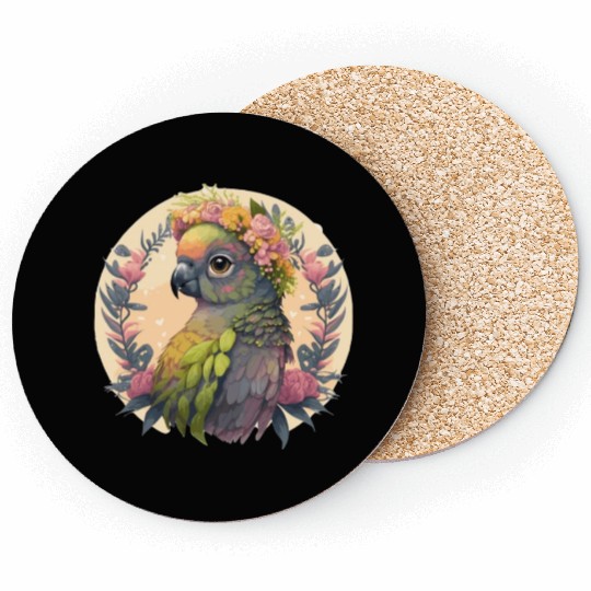 Cute Green Cheek Conure Parrot Bird Flower Crown P Coasters