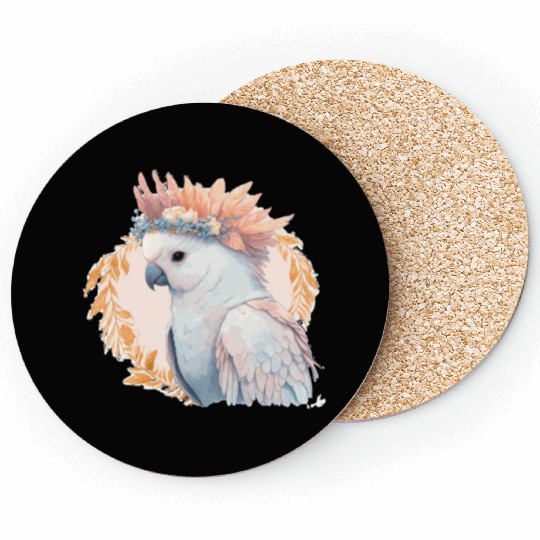 Cute Watercolor Cockatoo Parrot Bird Flower Crown Coasters