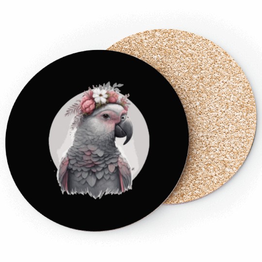 Cute Watercolor African Gray Parrot Bird Flower Cr Coasters