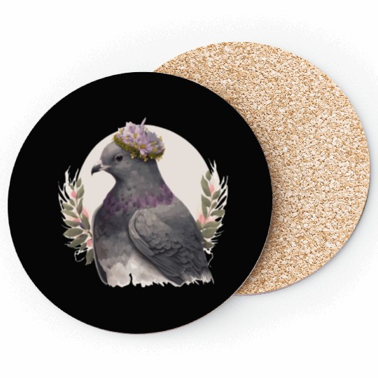 Artistic Gray Dove Pigeon Bird Flower Crown Pet Bi Coasters