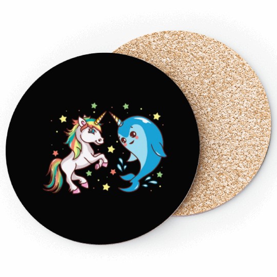 Cute Funny Horned Narwhal And Unicorn Friends Coasters