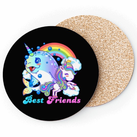 Cute Horned Narwhal And Unicorn Best Friends Coasters