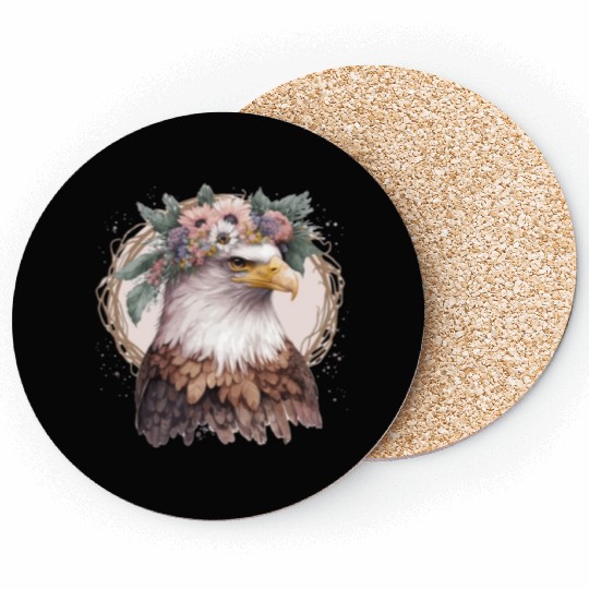 Watercolor Bald Eagle Flower Crown Floral Bird Wat Coasters