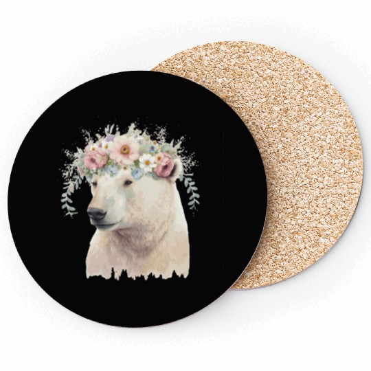 Watercolor Polar Bear Flower Crown Boho Aesthetic Coasters