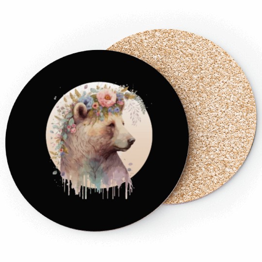 Brown Bear Watercolor Grizzly Bear Flower Crown Wi Coasters