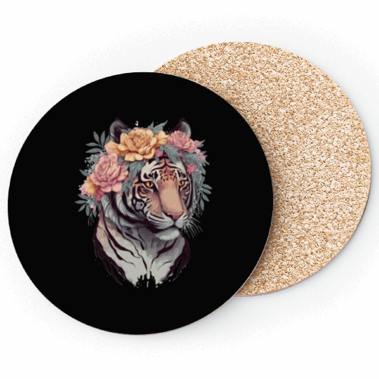 Floral Watercolor Tiger Flower Crown Tiger Lover Coasters