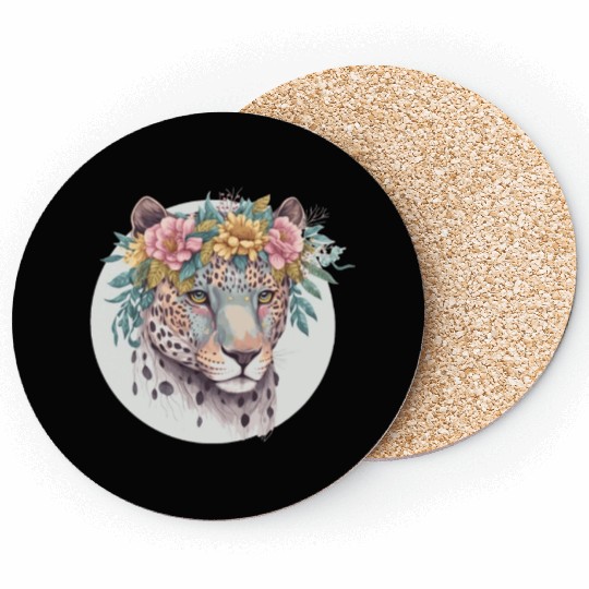 Floral Jaguar Flower Crown Watercolor Animal Coasters