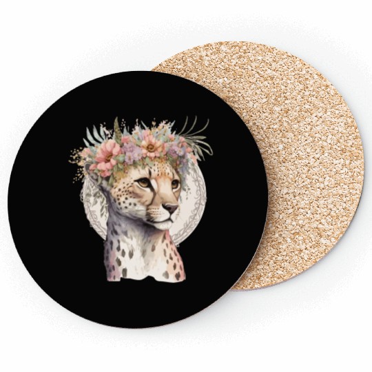 Cute Cheetah Flower Crown Boho Aesthetic Coasters