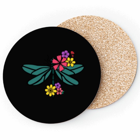 dragonfly with colorful flowers Coasters