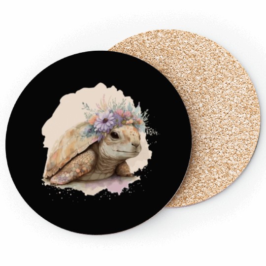 Cute Watercolor Tortoise Turtle Flower Crown Anima Coasters