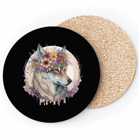 Cute Wolf Flower Crown Boho Aesthetic Animal Lover Coasters
