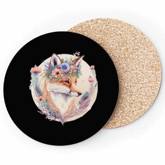 Cute Watercolor Fox Flower Crown Boho Aesthetic Coasters