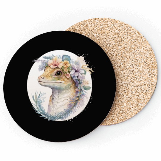 Watercolor Gecko Reptile Flower Crown Floral Amphi Coasters