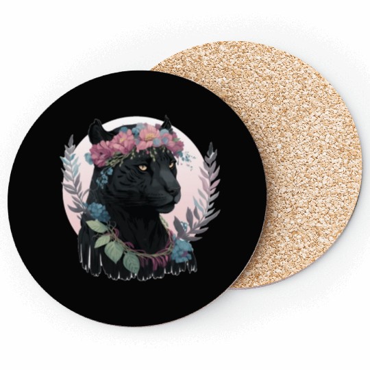 Cute Black Watercolor Panther Flower Crown Boho Ae Coasters