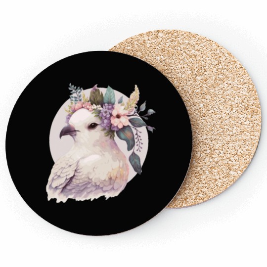 Cute White Dove Pigeon Bird Flower Crown Pet Birds Coasters