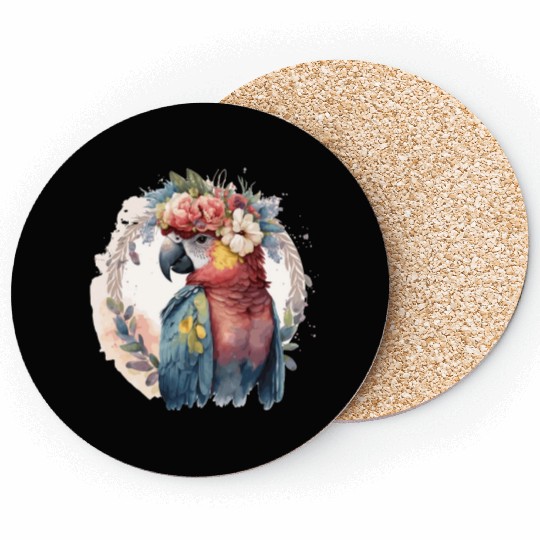 Watercolor Parrot Macaw Bird Flower Crown Pet Bird Coasters