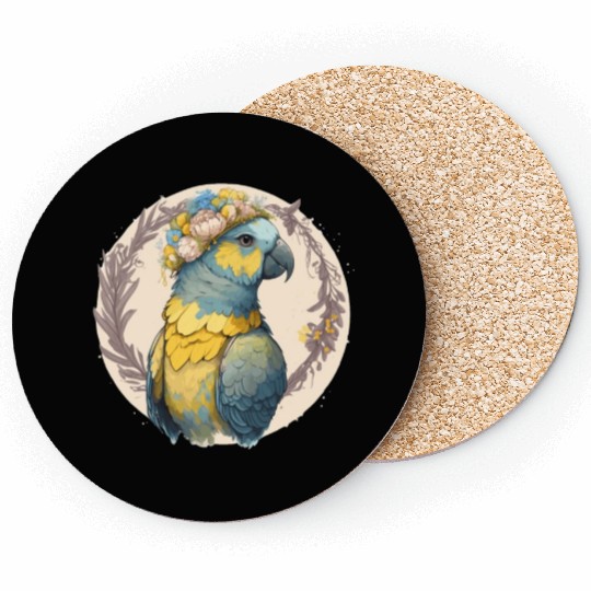 Yellow Blue Ara Macaw Flower Crown Parrot Parakeet Coasters