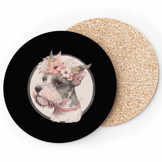 Cute Miniature Mini Schnauzer Flower Crown Pet Dog Coasters