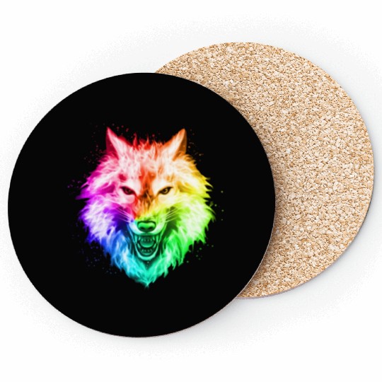 Bright Colorful Wolf Head – Rainbow Howling Wolf F Coasters