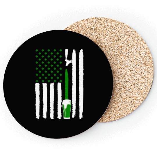 Green St PatricDay Beer American Flag Patriotic Ir Coasters