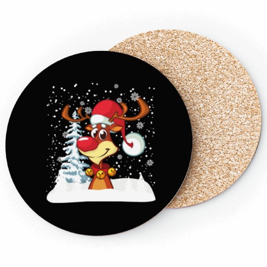 Funny Reindeer Red Nose Santa Snowflake Coasters