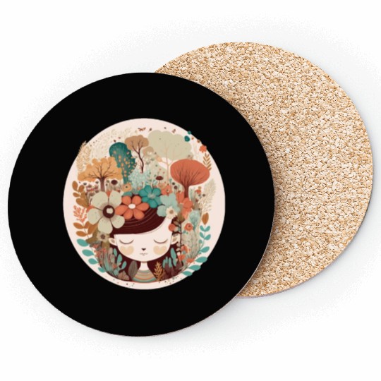 Cottagecore Girl Flower Forest Mental Health Aware Coasters