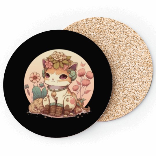 Cottagecore Cute Baby Cat Kitten Flower Anime Sola Coasters