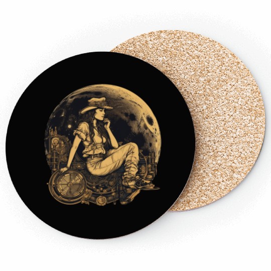 Woman in a golden moon steampunk style Coasters