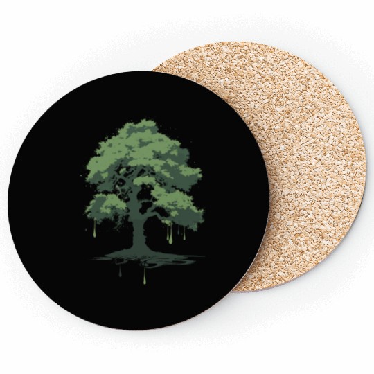 A green oak tree ink drawing Coasters