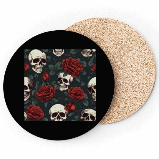 Dark Elegant Gothic Pattern Skulls & Red Roses Coasters