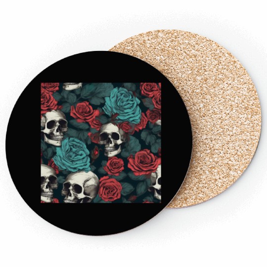 Gothic Skulls & Red Roses Pattern Dark Elegant Coasters