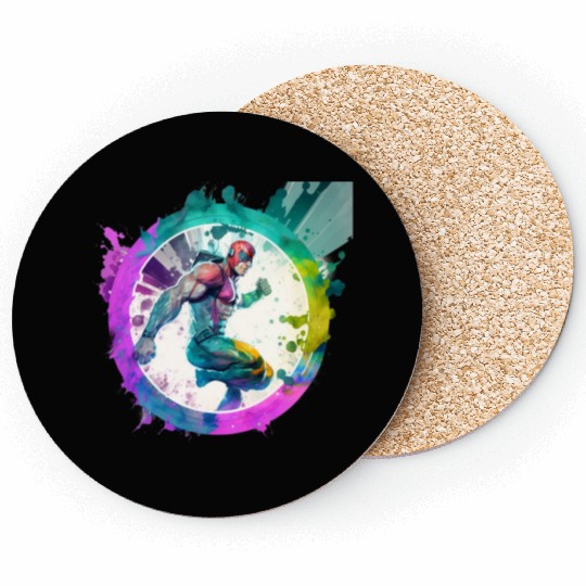A Pop Art watercolour cyberpunk superhero swimming Coasters