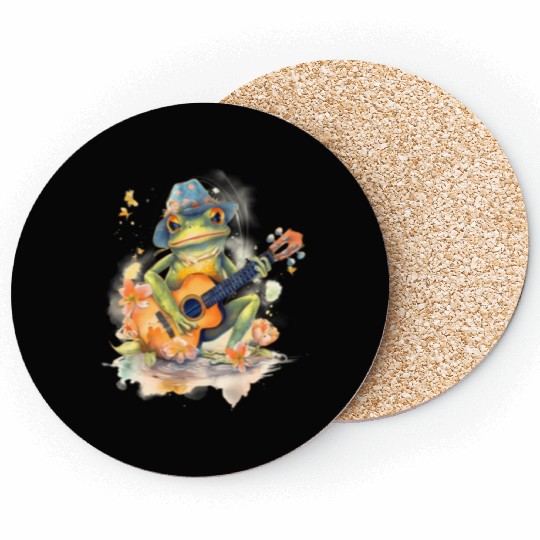Cottagecore Aesthetic Frog Playing Banjo Guitar Coasters