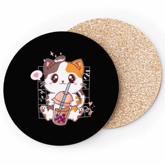 Cat Boba Tea Bubble Tea Kawaii Anime Japanese Coasters