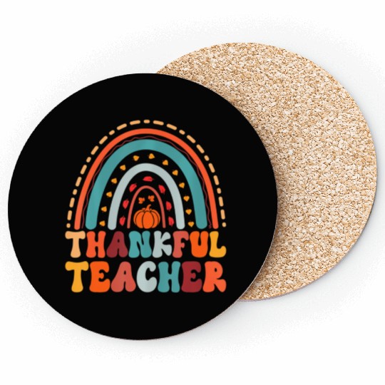 Thankful Teacher Pumpkin Autumn Leaves Rainbow Coasters