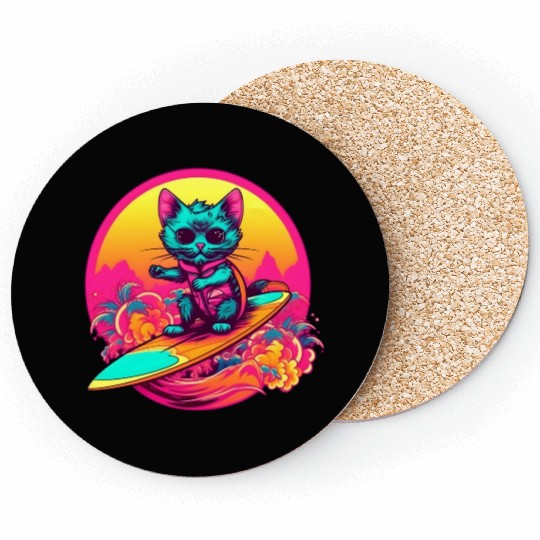 Cool Retro Surfing Cat Coasters