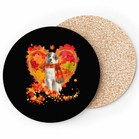Great Pyrenees With Heart Made Of Autumn Leaves Coasters