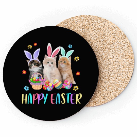 Happy Easter Three Cat Wearing Bunny Ear Kitty Coasters