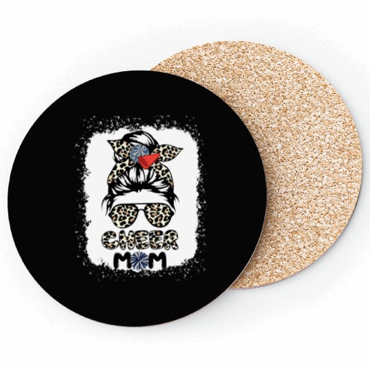 Cheer Mom Leopard Messy Bun Cheerleader Bleached M Coasters