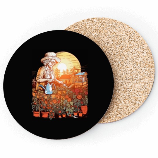Gardener Grandma Watering Plants Garden Gardening Coasters