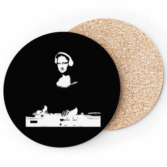 Dj Mona Lisa with Dj Headphone behind a dj table Coasters