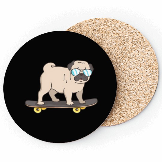 Cartoon Pug With Glasses On A Skateboard Coasters