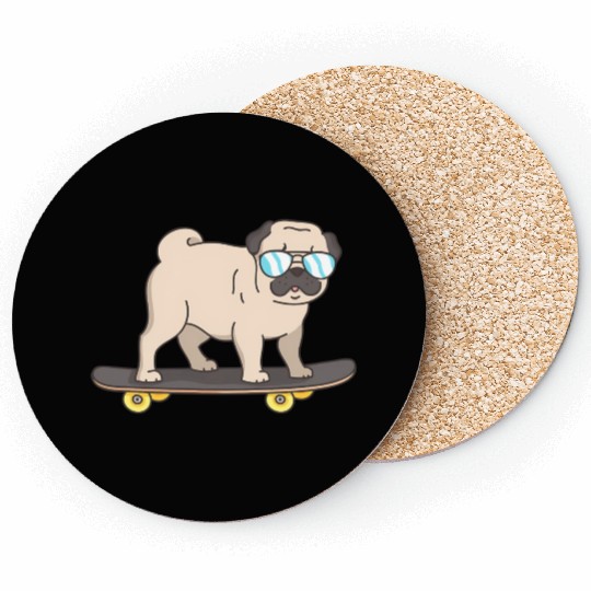 Cartoon Pug With Glasses On A Skateboard Coasters