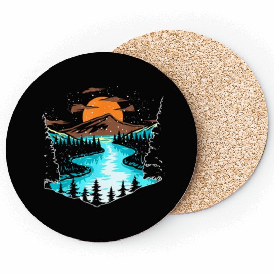 Wildlife Mountain River Outdoor Nature Full Moon Coasters