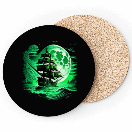 Historical Sailing Ship At Full Moon. Coasters